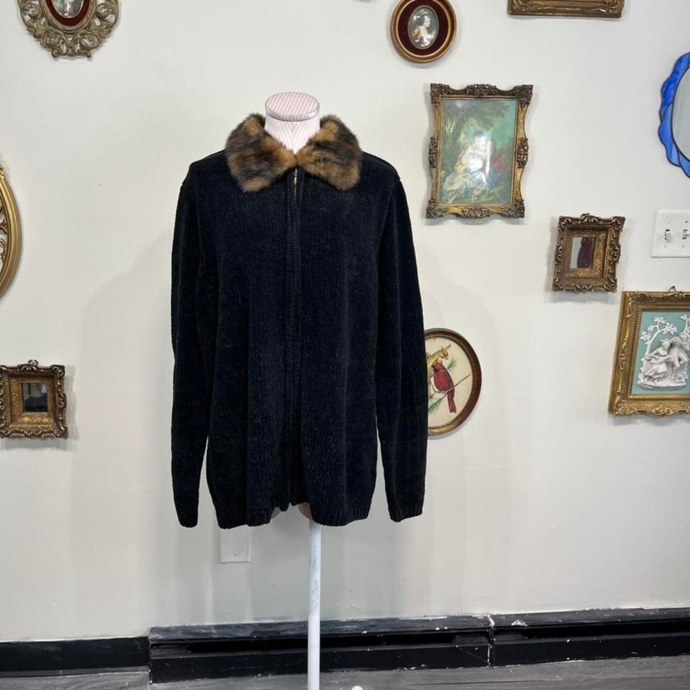 Vintage Basic Editions Plus‎ Holiday Faux Fur Collar Zip-Up Jacket Black Size 1X